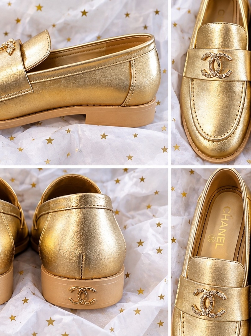 CHANEL Gold CC-Embellished Leather Loafers